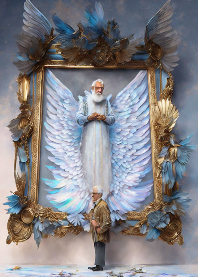 Elderly man admires grand painting of serene figure with angelic wings