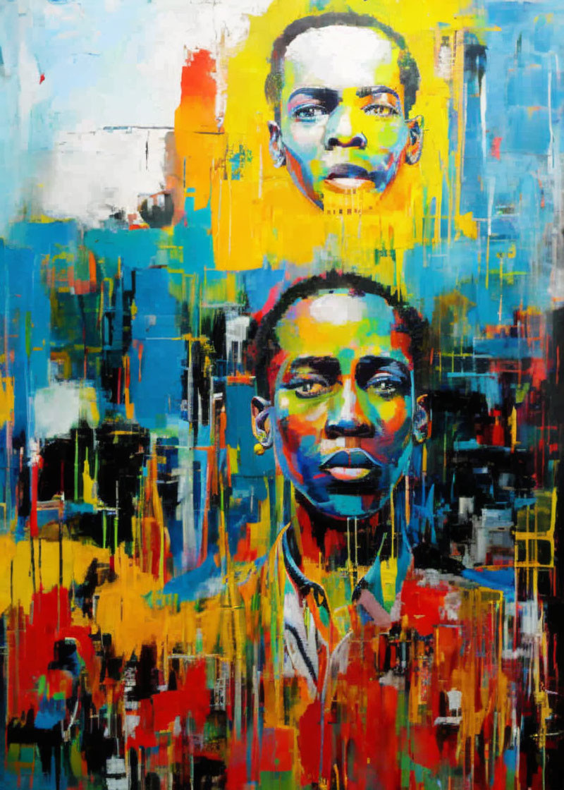 Vibrant abstract painting: Two overlaying portraits, expressive brush strokes in blue, yellow, and