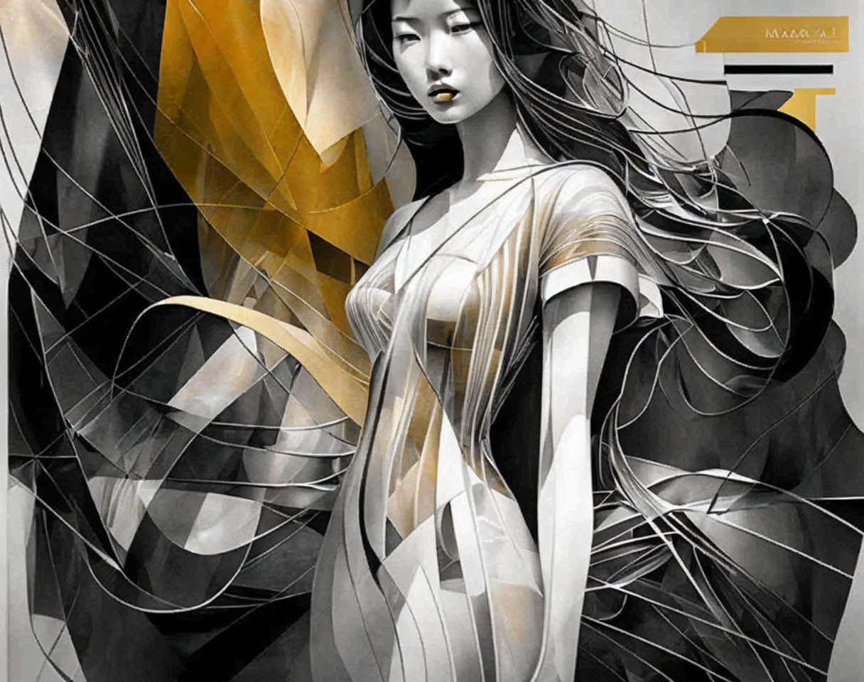 Stylized graphic image of woman with flowing hair and abstract golden and black shapes