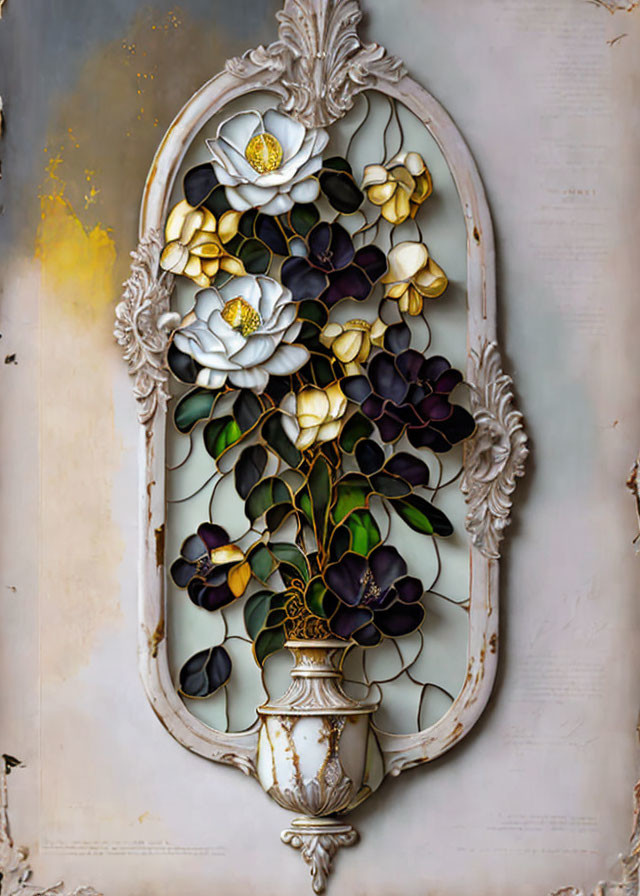 Floral Bas-Relief Sculpture in Ornate Frame on Weathered Wall