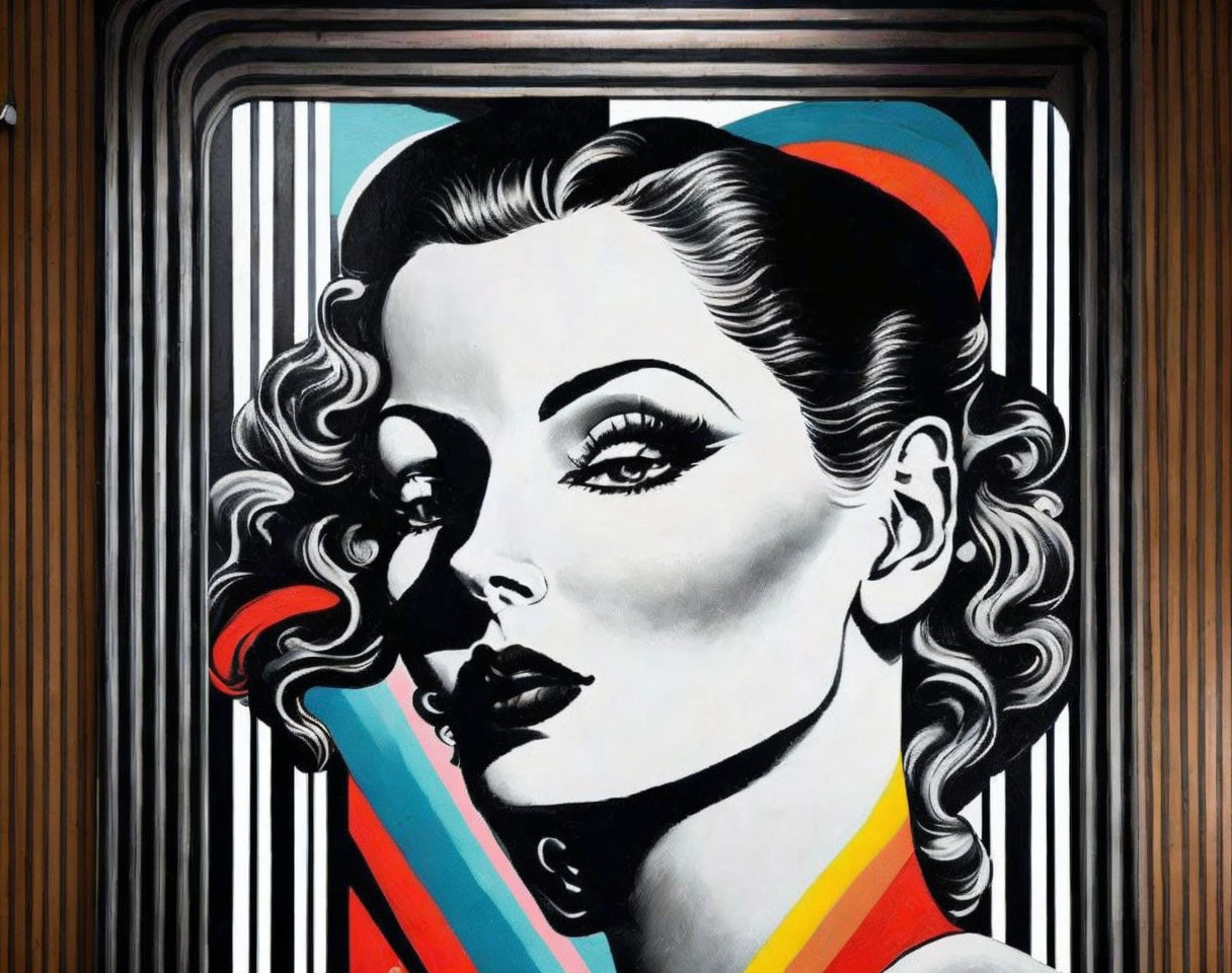 Monochrome mural featuring glamorous woman with wavy hair and bold makeup