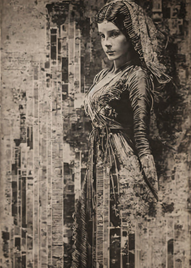 Vintage woman in sepia-toned attire with intricate headpiece on textured newspaper clippings backdrop.