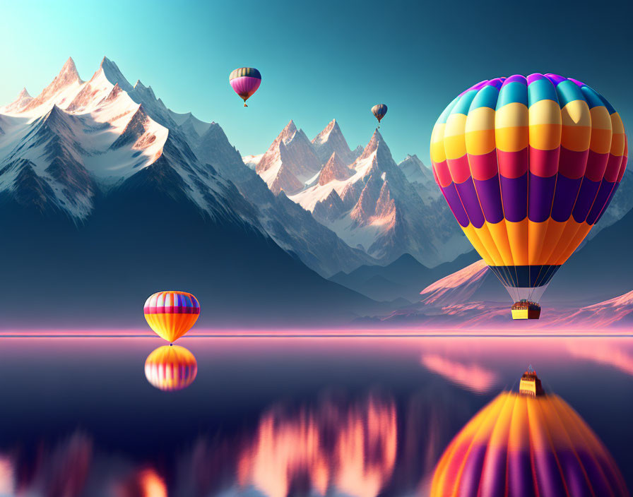 Vibrant hot air balloons over pink lake and snowy mountains