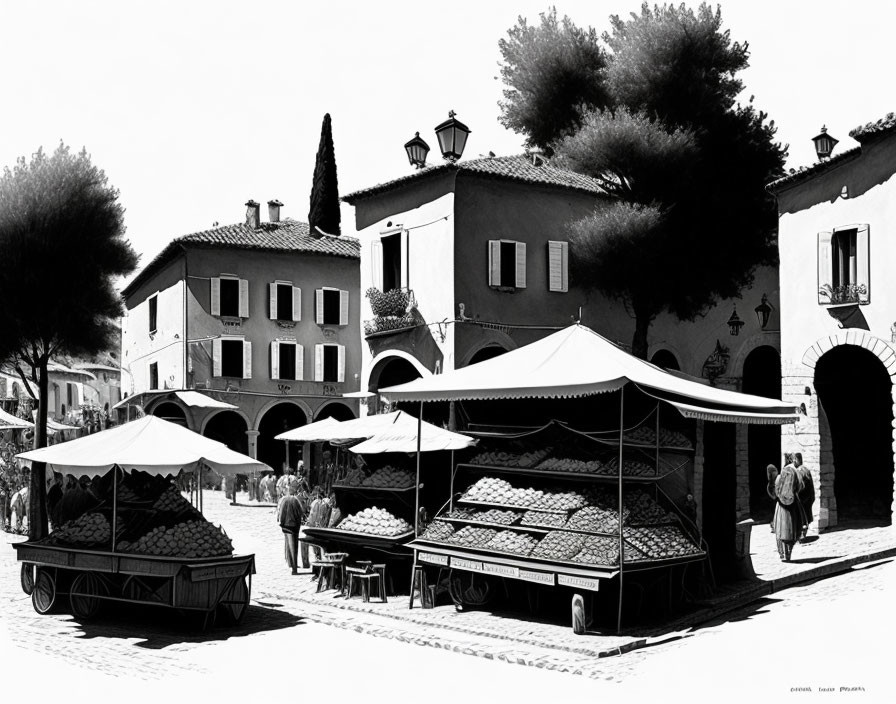 Monochrome image of market square with fruit stands and traditional buildings