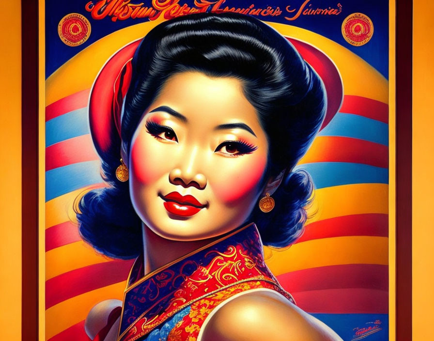 Colorful Vintage Style Poster: Stylized Portrait of Asian Woman in Traditional Attire