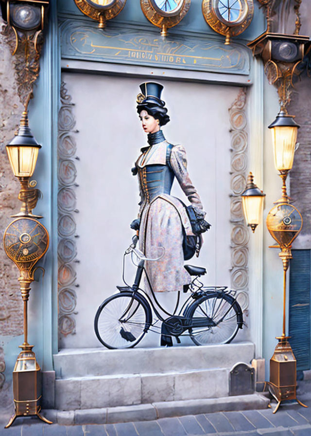 Vintage-style illustration of woman in period attire by bicycle with elegant street lamps and ornate blue doorway.