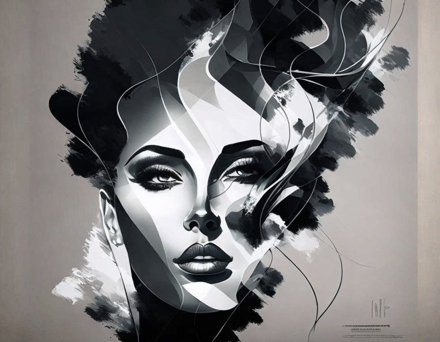 Monochrome illustration of abstract woman's face with flowing hair.