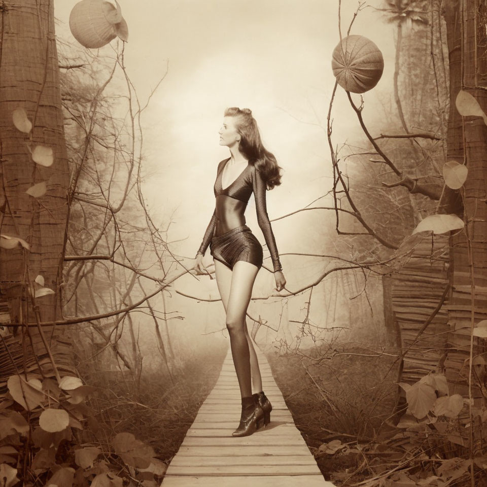 Vintage Swimwear Woman Strolling on Sepia Forest Boardwalk