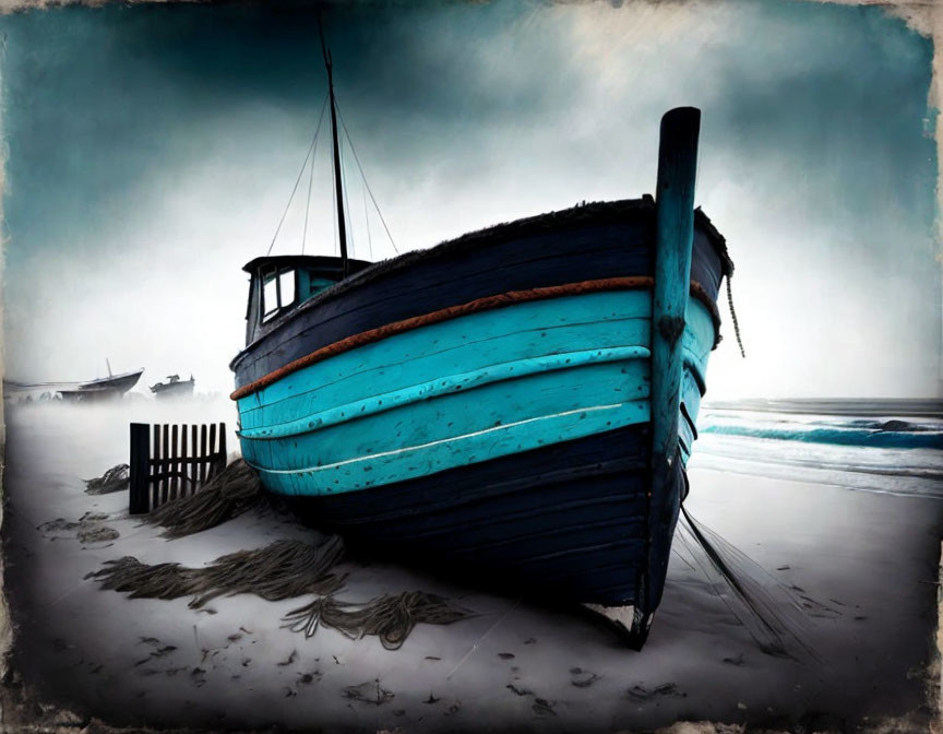 Weathered blue boat on misty beach with wooden fence remnants.