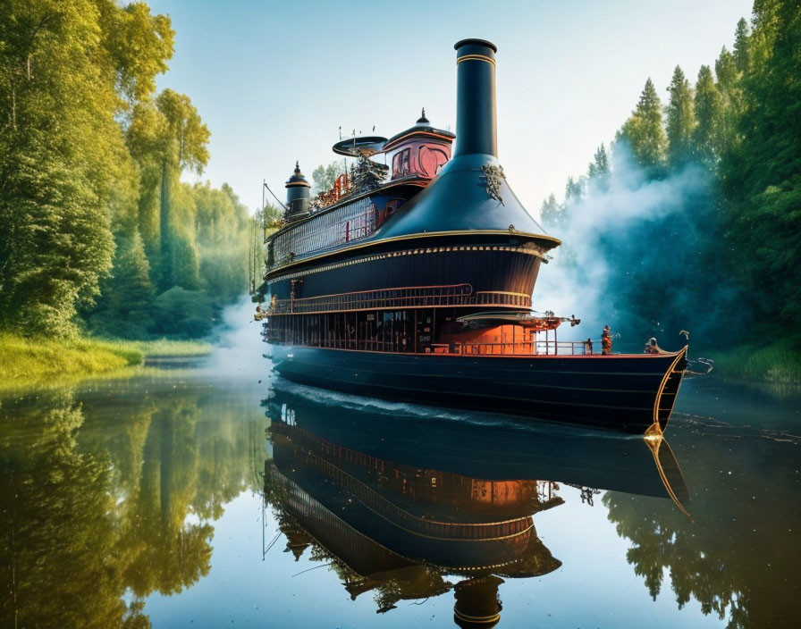 Vintage paddle steamer with black funnel and red accents on calm river with lush greenery and rising fog