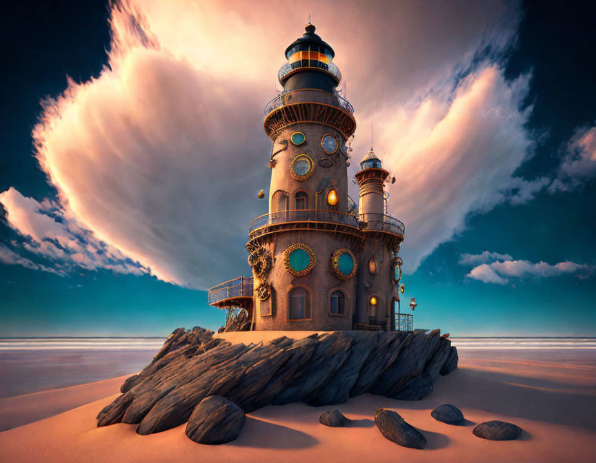 Ornate lighthouse on rocky terrain under dramatic sky at sunset or sunrise