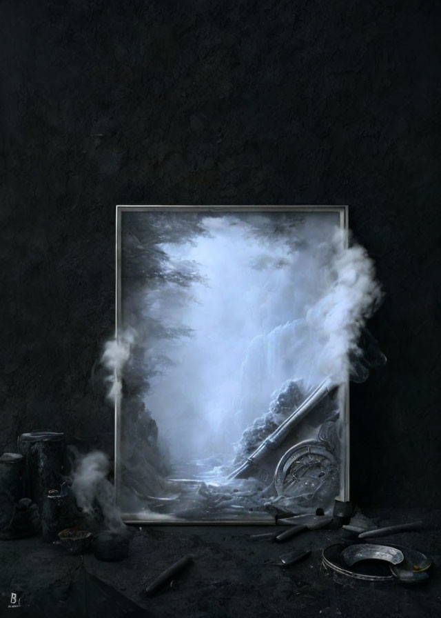 Mystical waterfall scene with artist tools and smoke on dark canvas