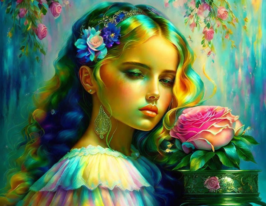 Vibrant digital painting of young girl with blue hair and pink rose