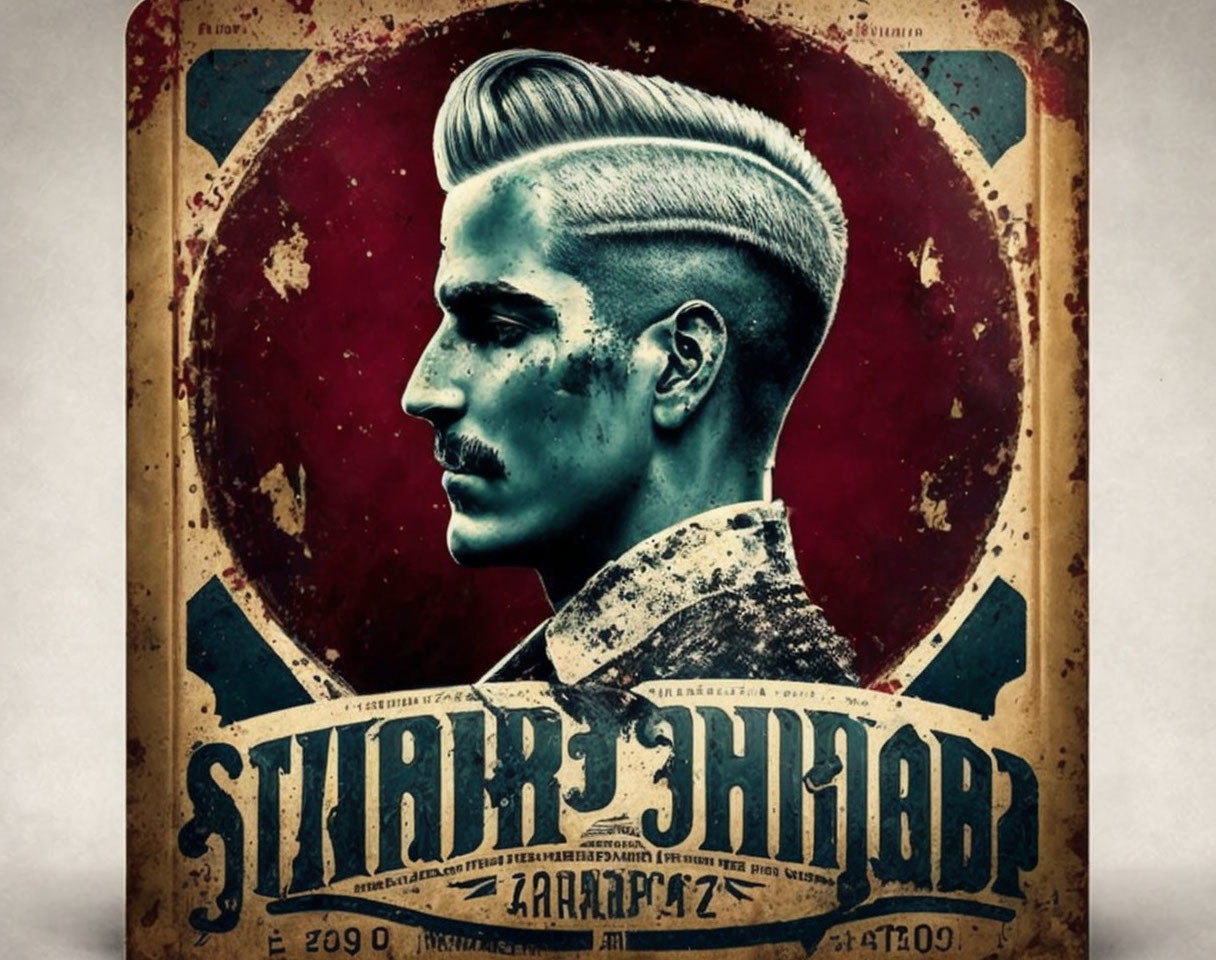 Vintage poster: Man with undercut hairstyle and full beard in profile view surrounded by retro graphics.