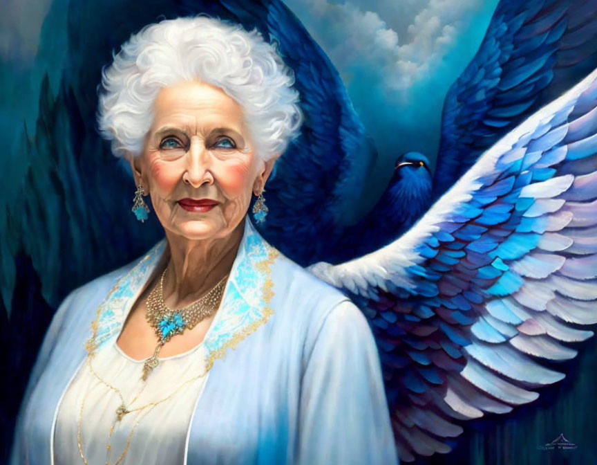 Elderly woman in blue shawl with majestic bird artwork.