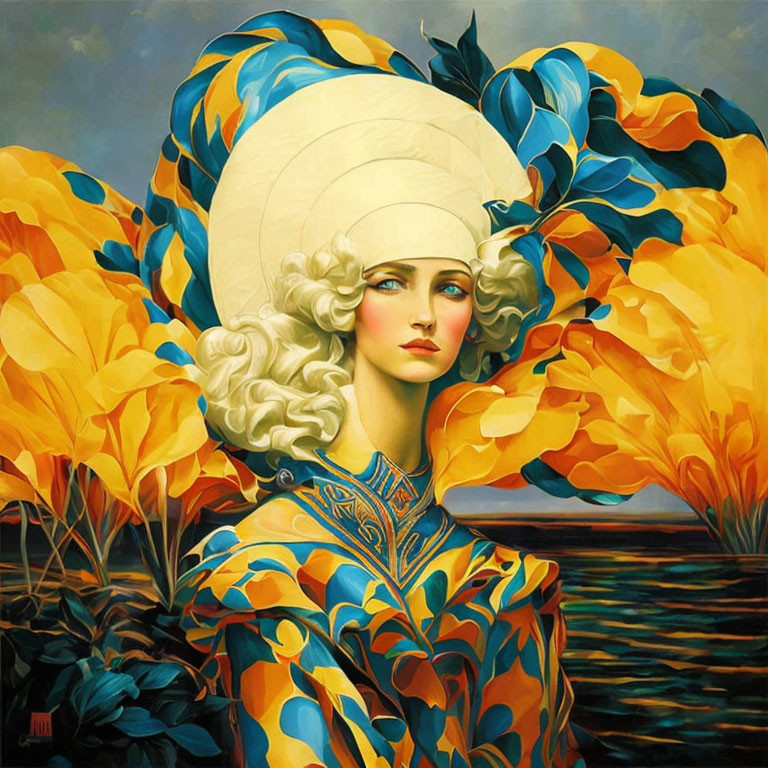 Woman with White Hat Surrounded by Yellow and Blue Flora on Surreal Background