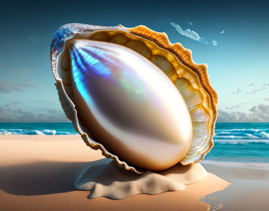 Iridescent pearl in open seashell on sandy beach