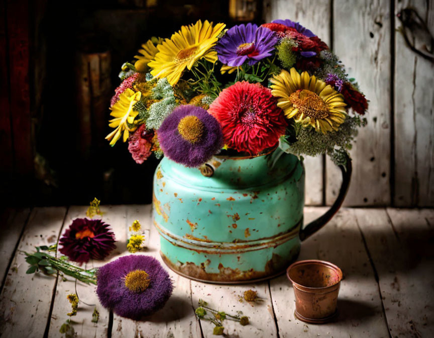 Assorted Flowers Bouquet in Vintage Teal Teapot on Rustic Wood Background