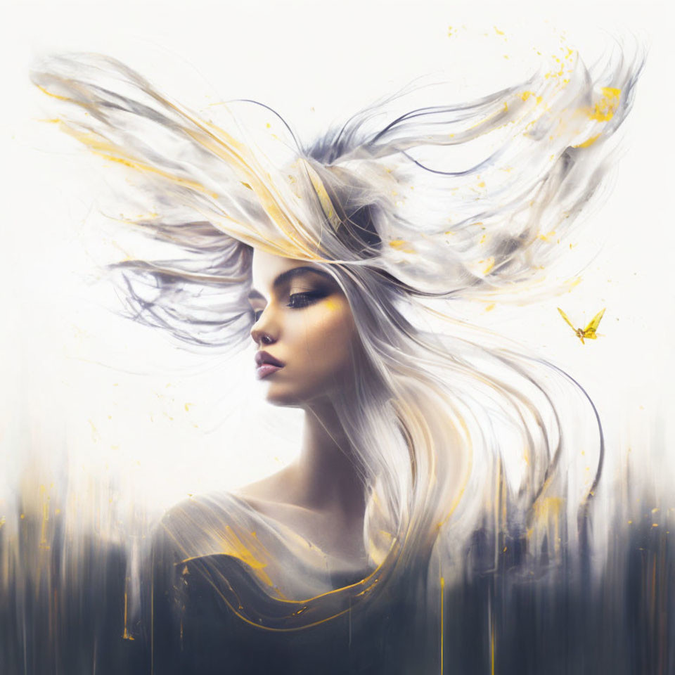 Surreal portrait of a woman with flowing hair and gold paint splatters