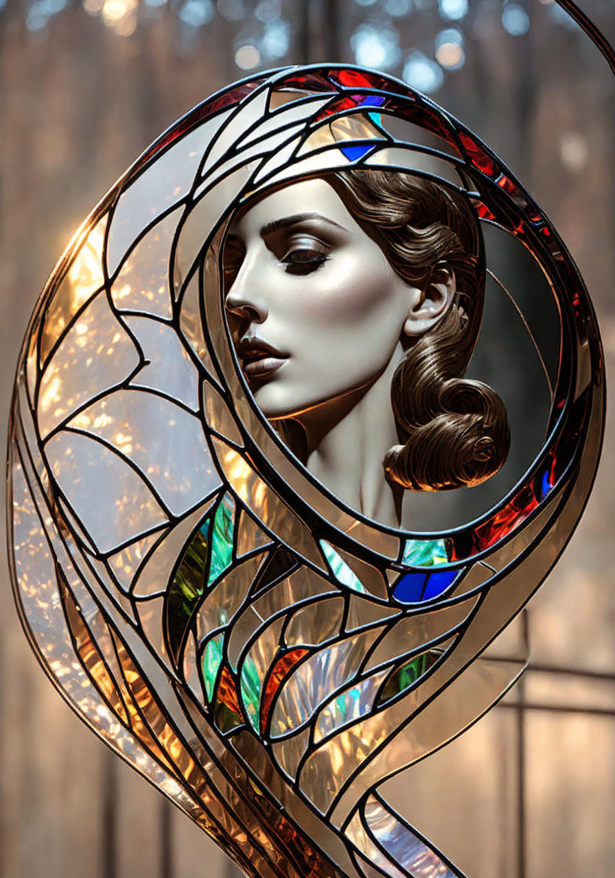 Colorful stained glass woman's profile against nature backdrop