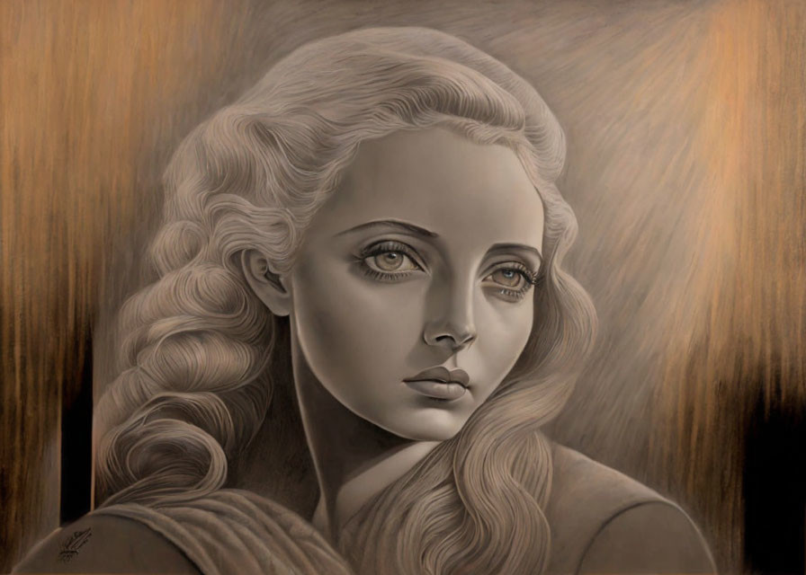 Realistic pencil drawing of woman with wavy hair and expressive eyes in warm glow.