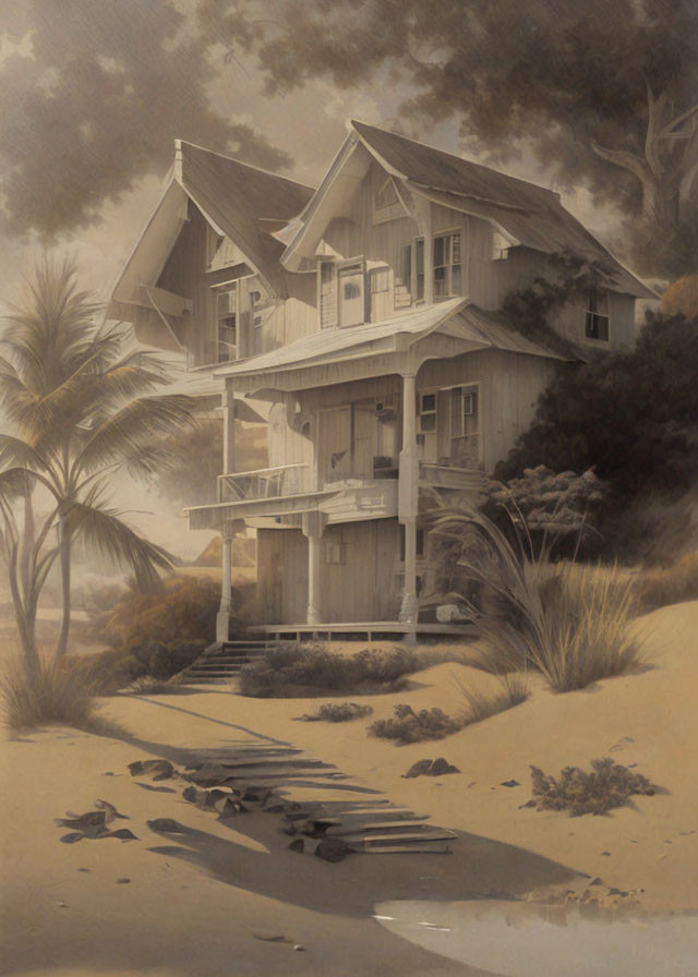 Sepia-Toned Multi-Story Beach House Artwork