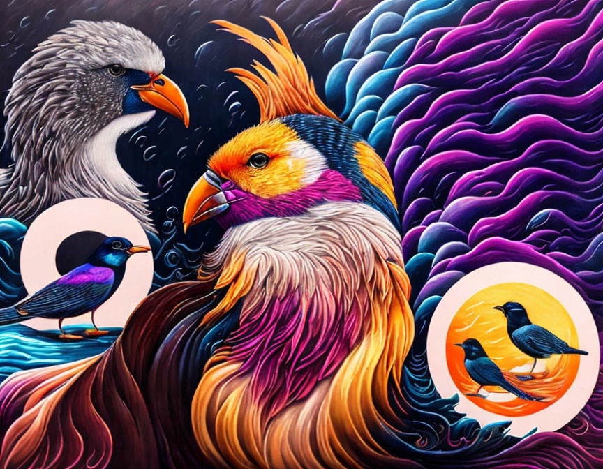 Detailed eagle, colorful bird, and fluid patterns in vibrant artwork