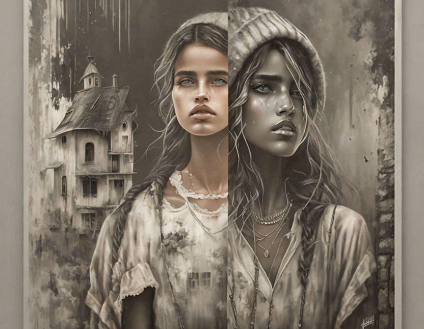 Surreal artwork with dilapidated house, clear-eyed woman, and woman with hat.