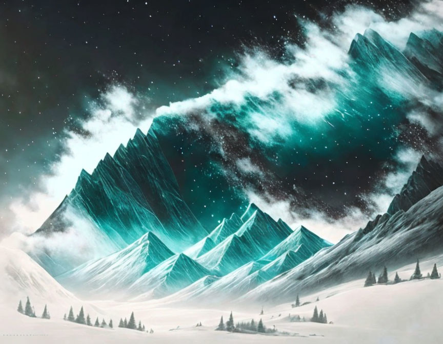 Majestic snow-covered mountains under starry sky & aurora lights