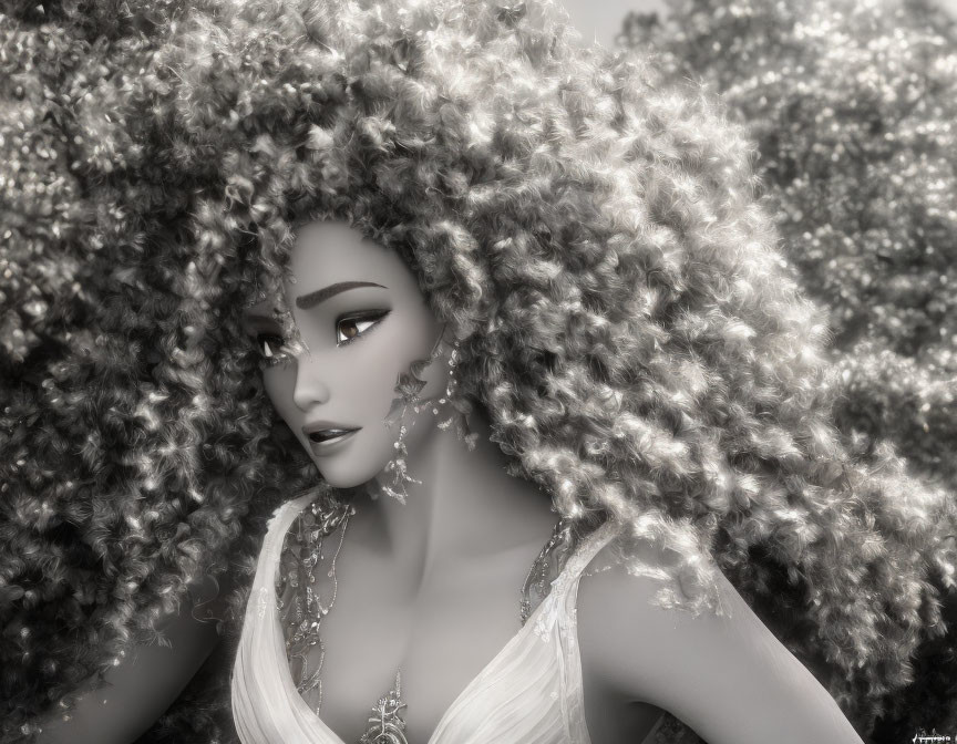 Monochrome digital portrait of a woman with curly hair and elegant earrings