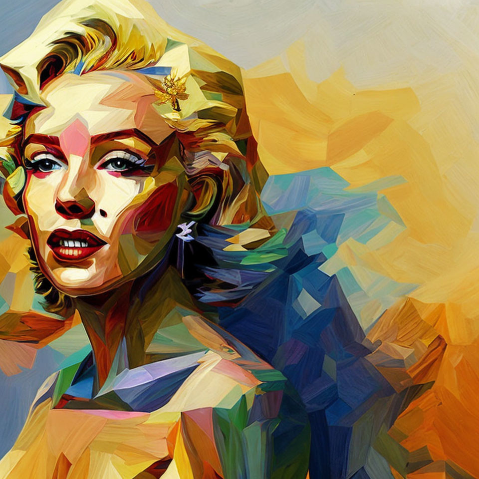 Vibrant abstract portrait of a blonde woman with dynamic shapes and warm hues