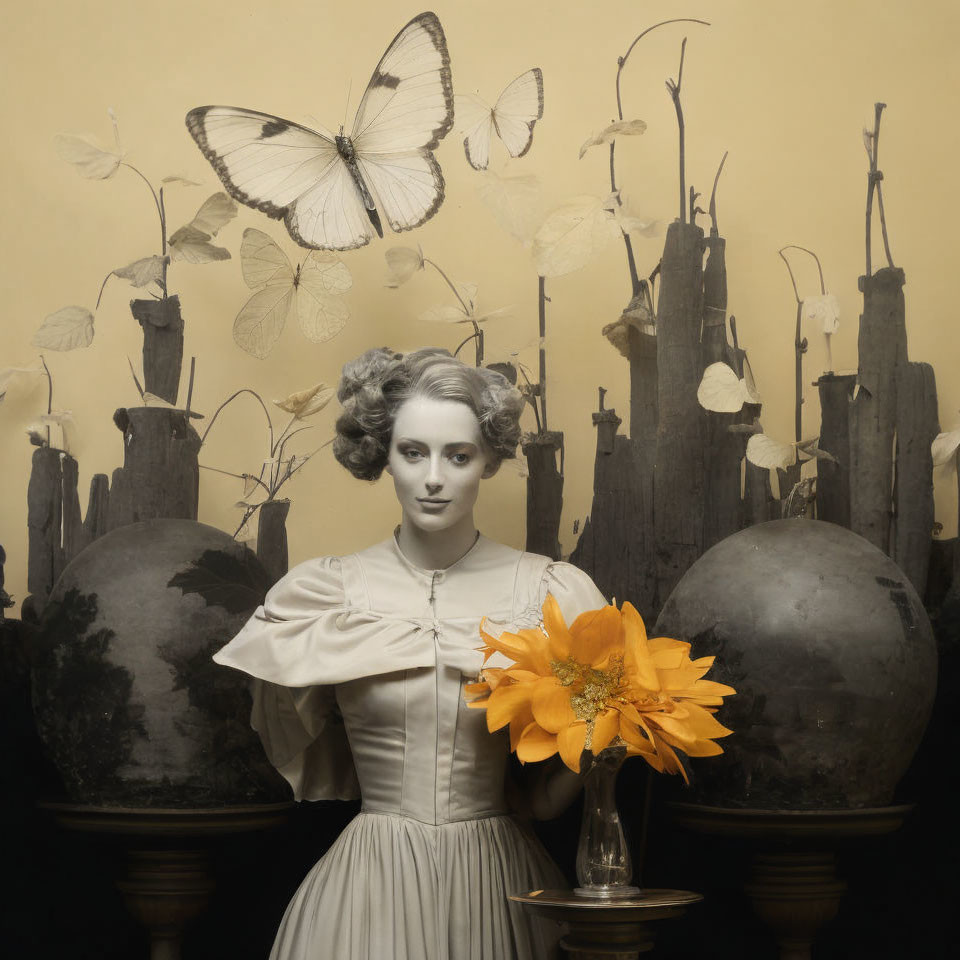 Vintage-Style Portrait of Woman with Butterflies and Orange Flower in Sepia-Toned Setting