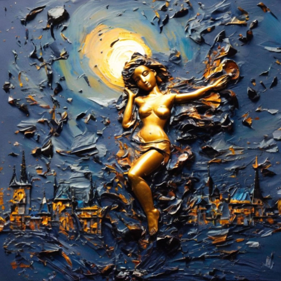 Textured painting of woman in gold bikini with flowing hair amid abstract cityscape and luminous moon