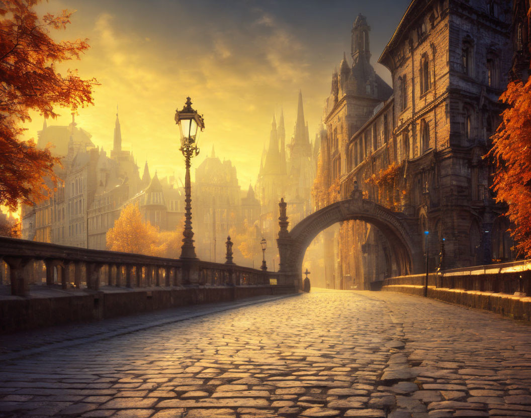 Cobblestone bridge and gothic building under golden sunrise