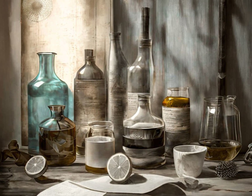 Collection of vintage glassware and bottles on table with lemon slice and cup in soft light