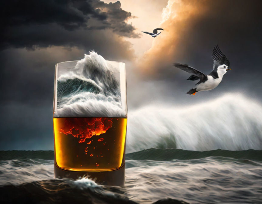 Whiskey glass with wave crest in stormy sea scene