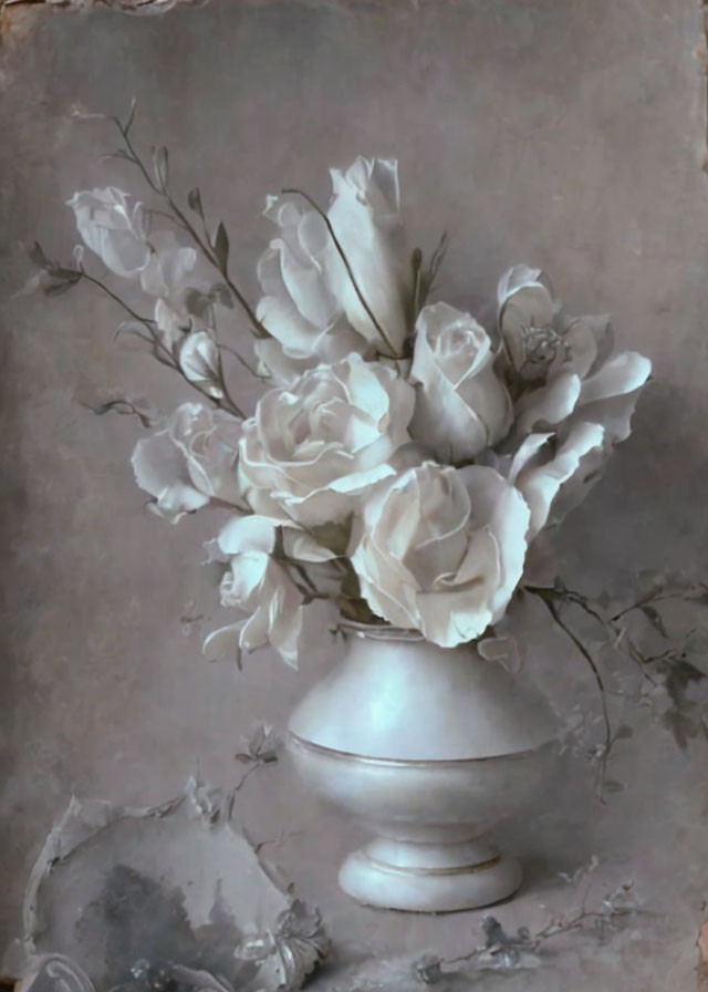 Monochromatic painting of roses in a grey classical vase