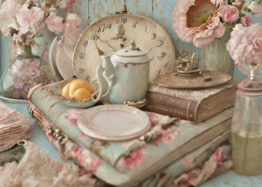 Classic Still Life with Antique Clock, Tea Set, Books, and Pink Flowers on Blue Background