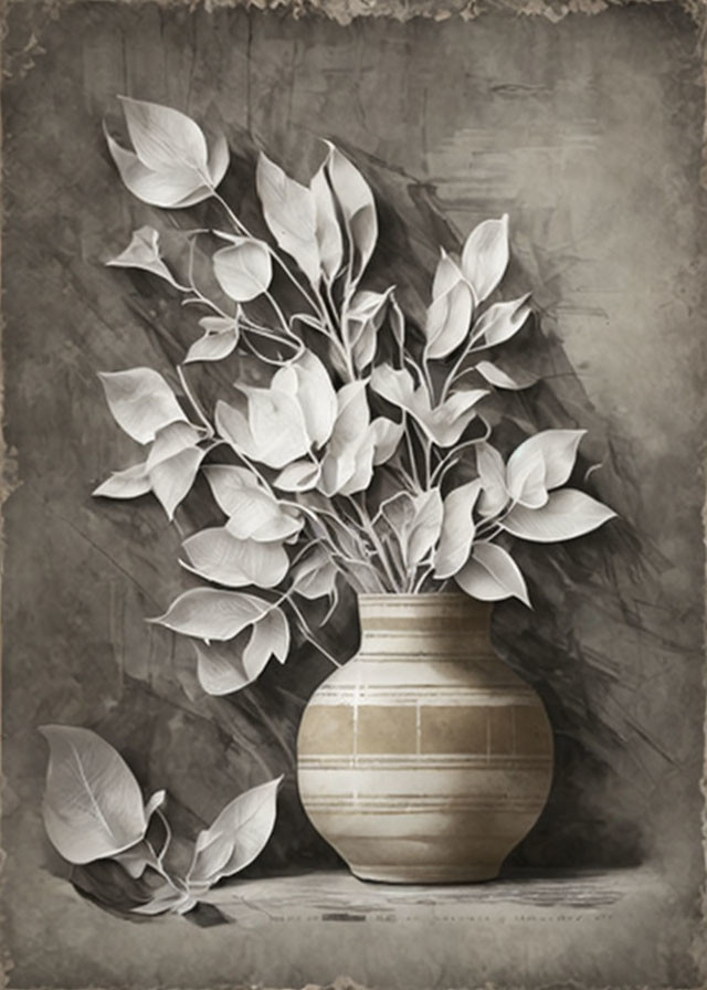 Sepia-Toned Image of Vase with Artificial Leaves on Faded Background