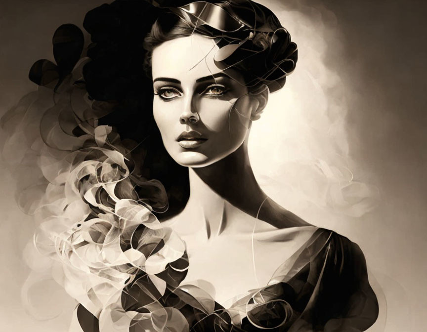 Monochromatic digital portrait of a contemplative woman with flowing hair