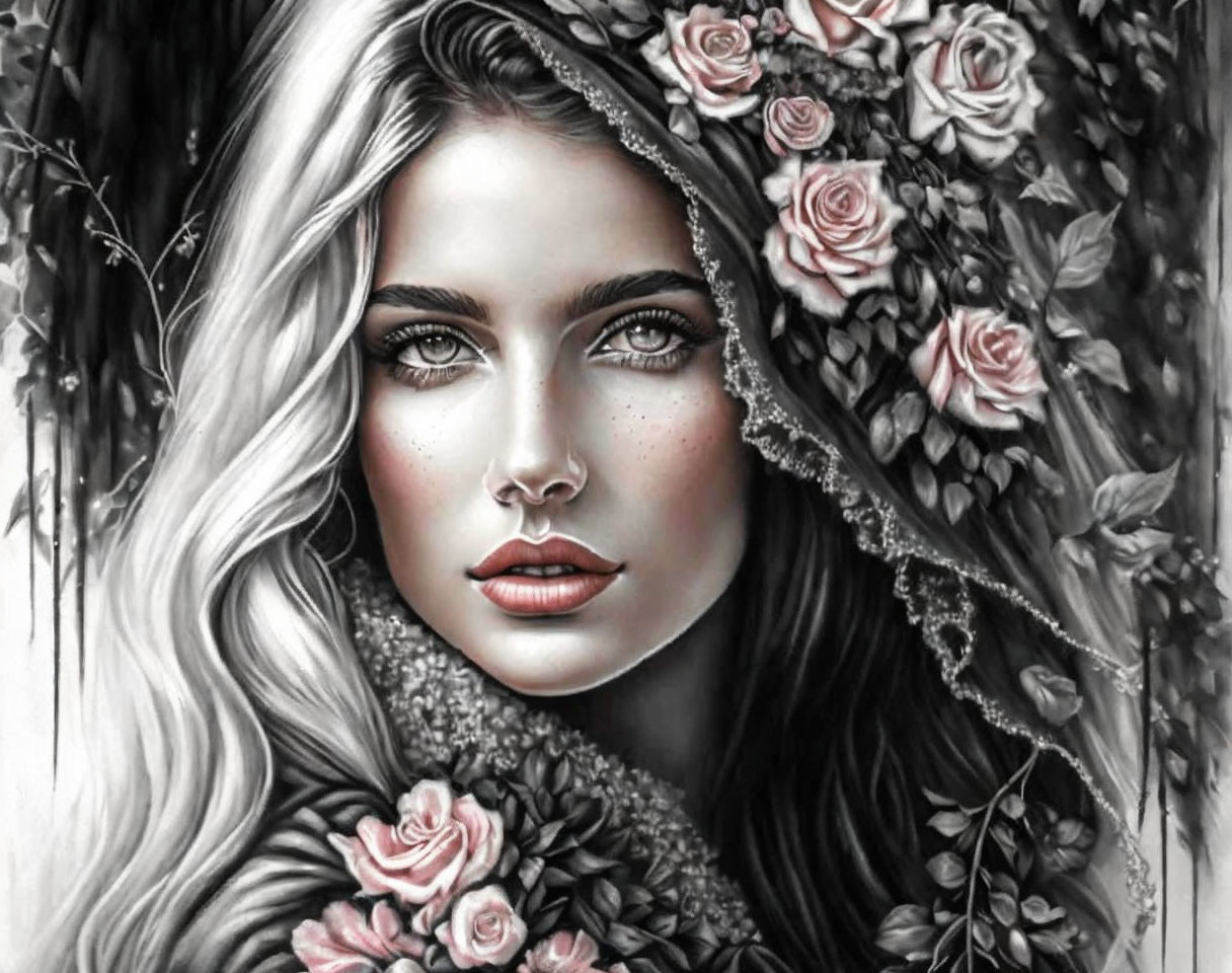 Monochrome portrait of a woman with captivating eyes, pink roses, and a delicate veil