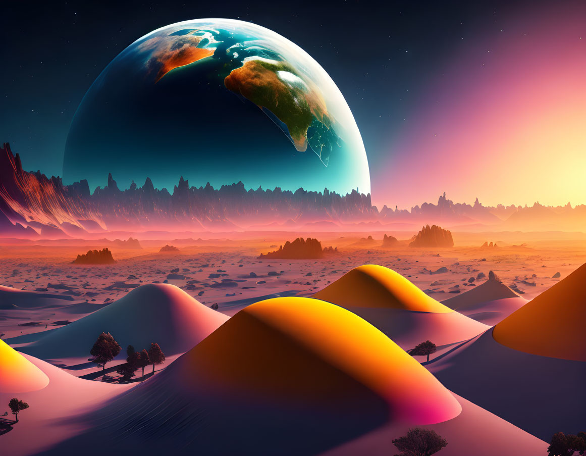 Surreal landscape with orange sand dunes, sparse trees, vivid sunset, and imposing planet