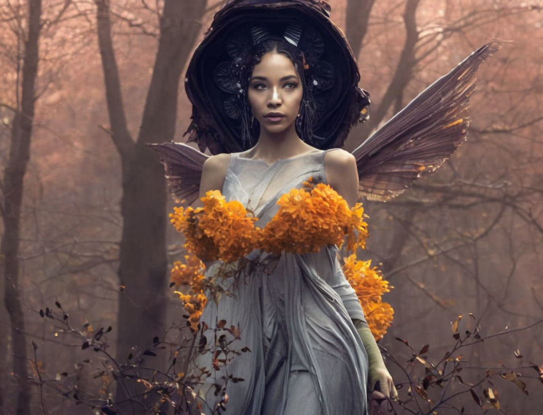 Elaborate wing-like sleeves and ornate hat in misty forest scene