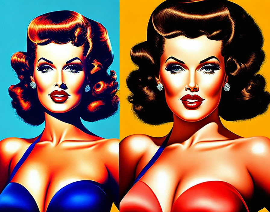 Stylized portraits of a woman with vintage wavy hair and red lipstick against yellow and blue backgrounds