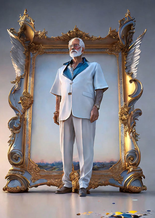 Elderly man in baroque golden frame against sky background