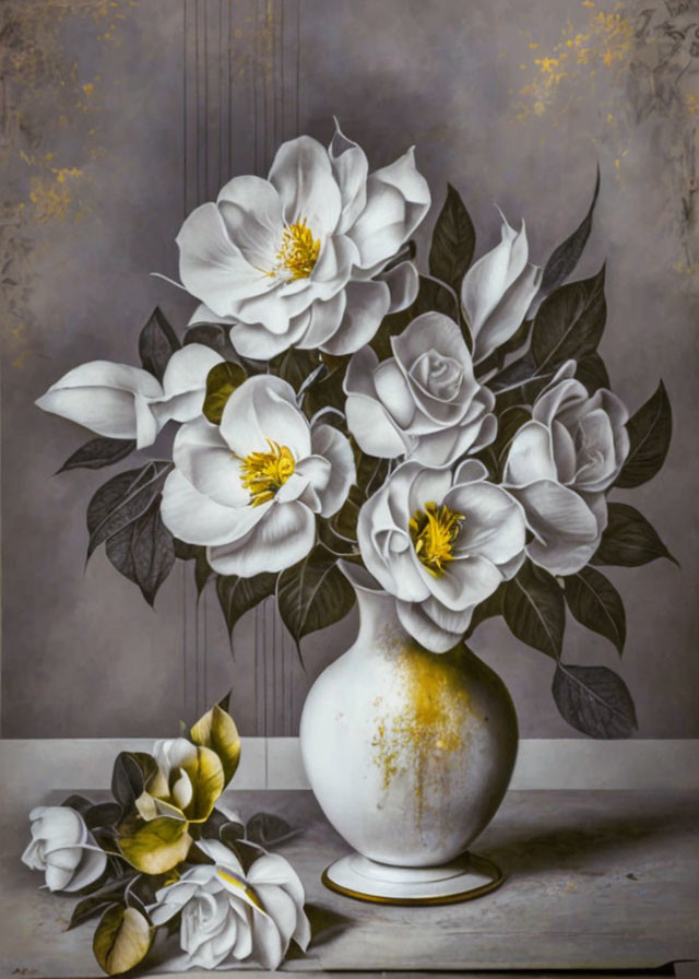 White bouquet with magnolias and roses in distressed white vase on grey background with golden flecks