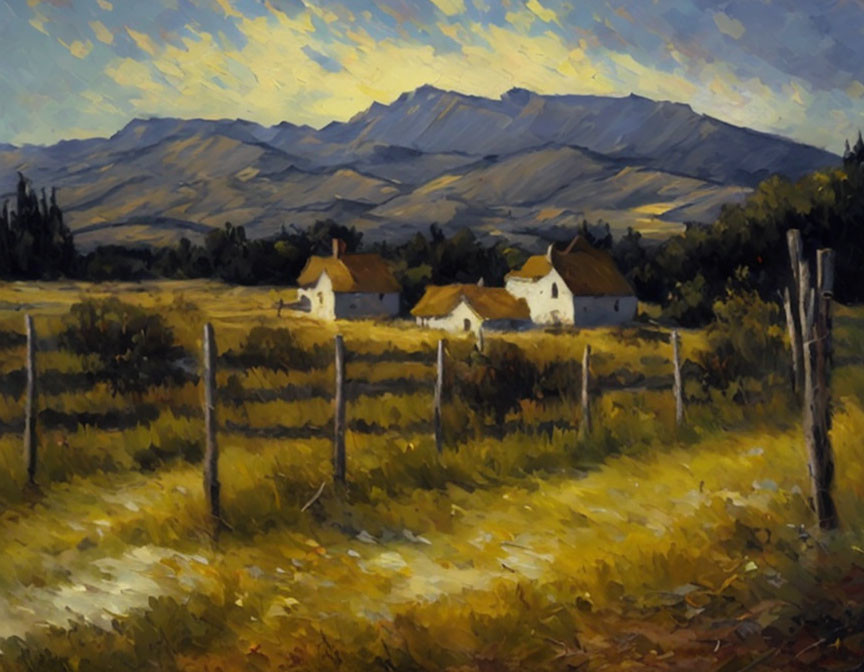 Tranquil rural scene with cottages, fields, and mountains