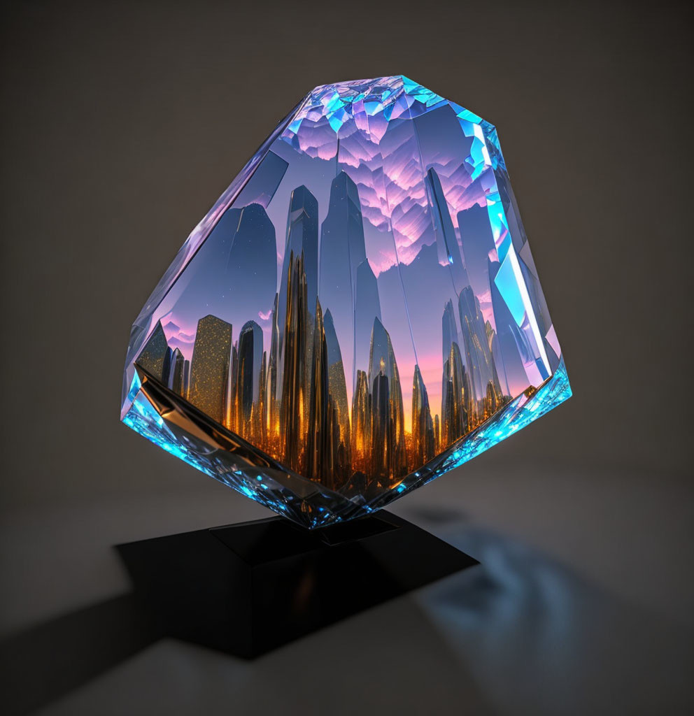 Crystal sculpture of inner cityscape on black stand against neutral backdrop