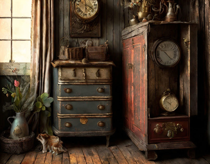 Vintage Room Corner with Distressed Wooden Chest, Red Cabinet, Clocks, Vase, and Cat