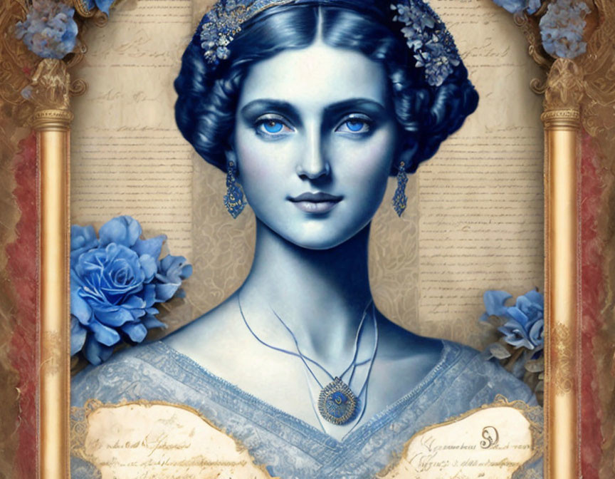 Blue-skinned woman in Victorian attire digital art portrait with vintage backdrop